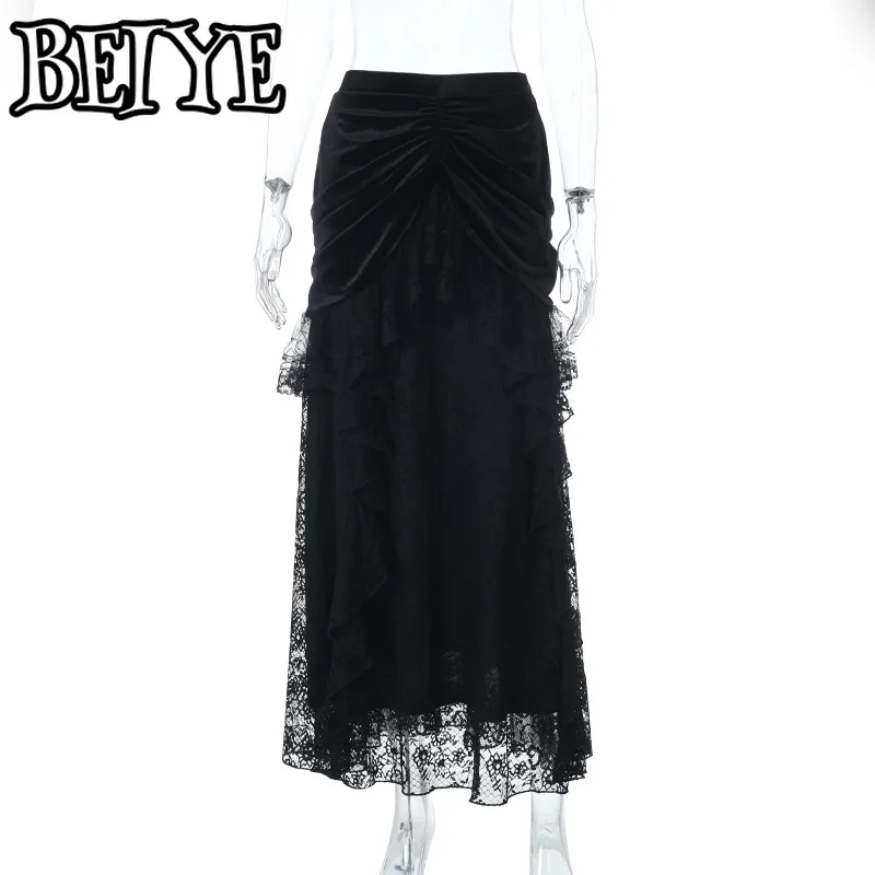 Gonna in velluto stile palazzo vintage Donna Gotico scuro Halloween Cosplay Patchwork in pizzo Gonne per banchetti a vita alta