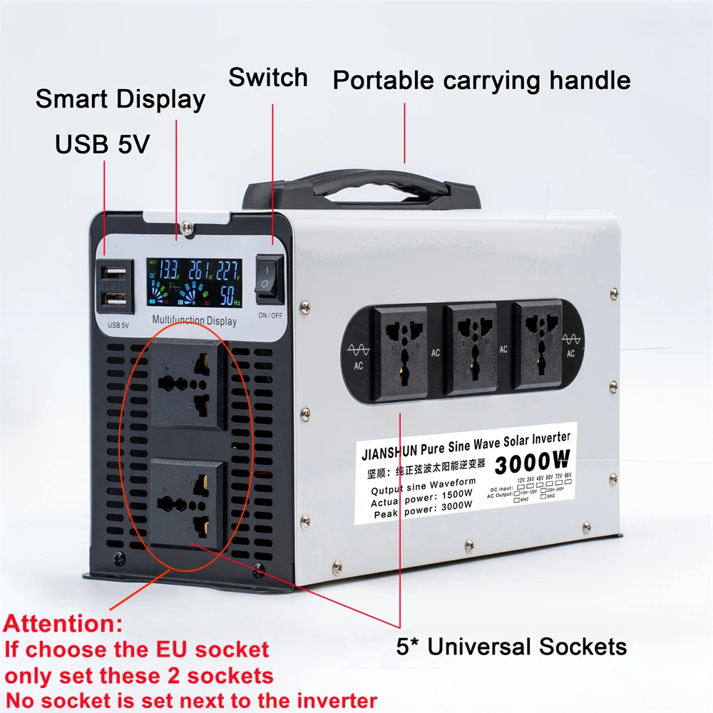 Imagem -03 - Inversor de Onda Senoidal Pura Potência 3000w dc 12v 24v 48v 60v 72v para ac 110v 220v Voltagem 50 60hz Inversor de Carro Solar com Led