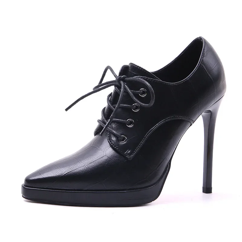 Korean Style Women Boots PU 10CM Thin High Heels Pointed Toe Lace-up Street Style British Style Cross-tied Party Womens Shoes