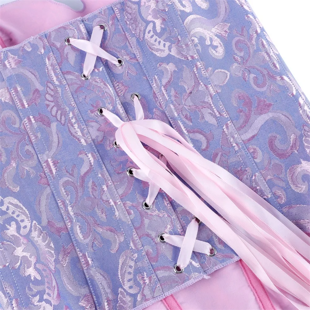 Women Plus Size Sexy Corset Bustier Top Jacquard Vintage Flower Print Lingerie Corselet Lace Up Korsett Pink Blue Overbust - view 5