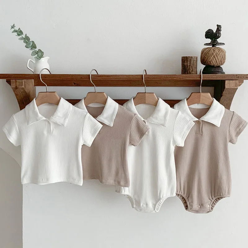 

Summer Newborn Bodysuit Baby Romper Ribbed Solid Color Infant Cotton Short Sleeve Lapel T-Shirt Tops Baby Boy Girl Clothes 0-24M