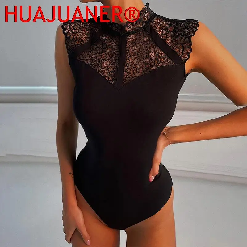 Damskie seksowne czarne koronkowe body pajacyki bez rękawów Slinky New Fashion Bodycon Wrap Bodysuit