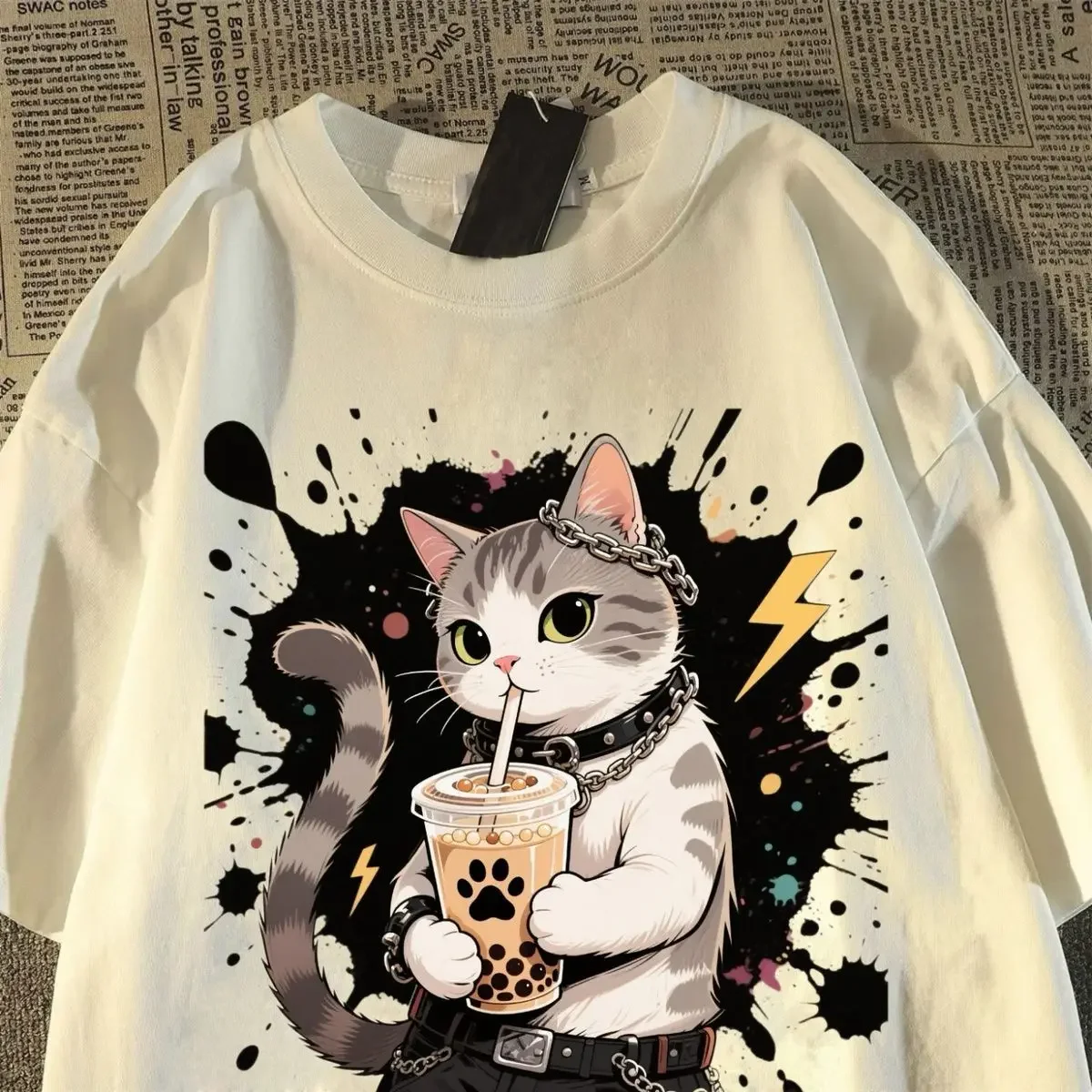 تي شيرت نسائي صيفي جديد مطبوع عليه قطة رائعة تي شيرت أمريكي بأكمام قصيرة عصري
