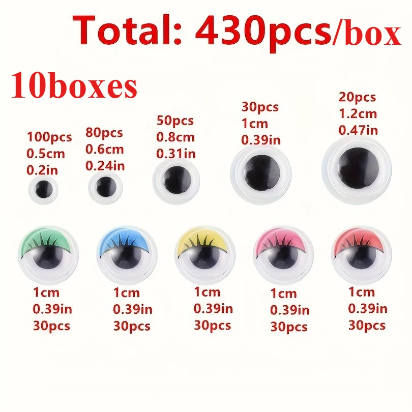 4300pcs 10Boxes of 5/6/8/10/12mm Mixed Black White Colored Adhesive Plastic Craft Googly Eyes  Bagged for DIY Craft Projects