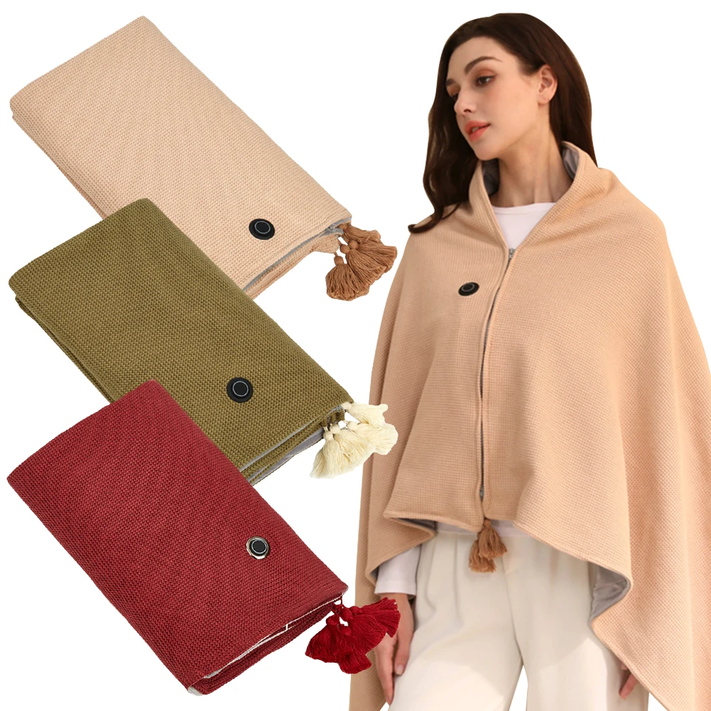 Wearable Heating Electric Blanket Shawl 3 Heating Levels USB Heated Blanket Shawl with 10000mAh Power Bank Heated Shawl