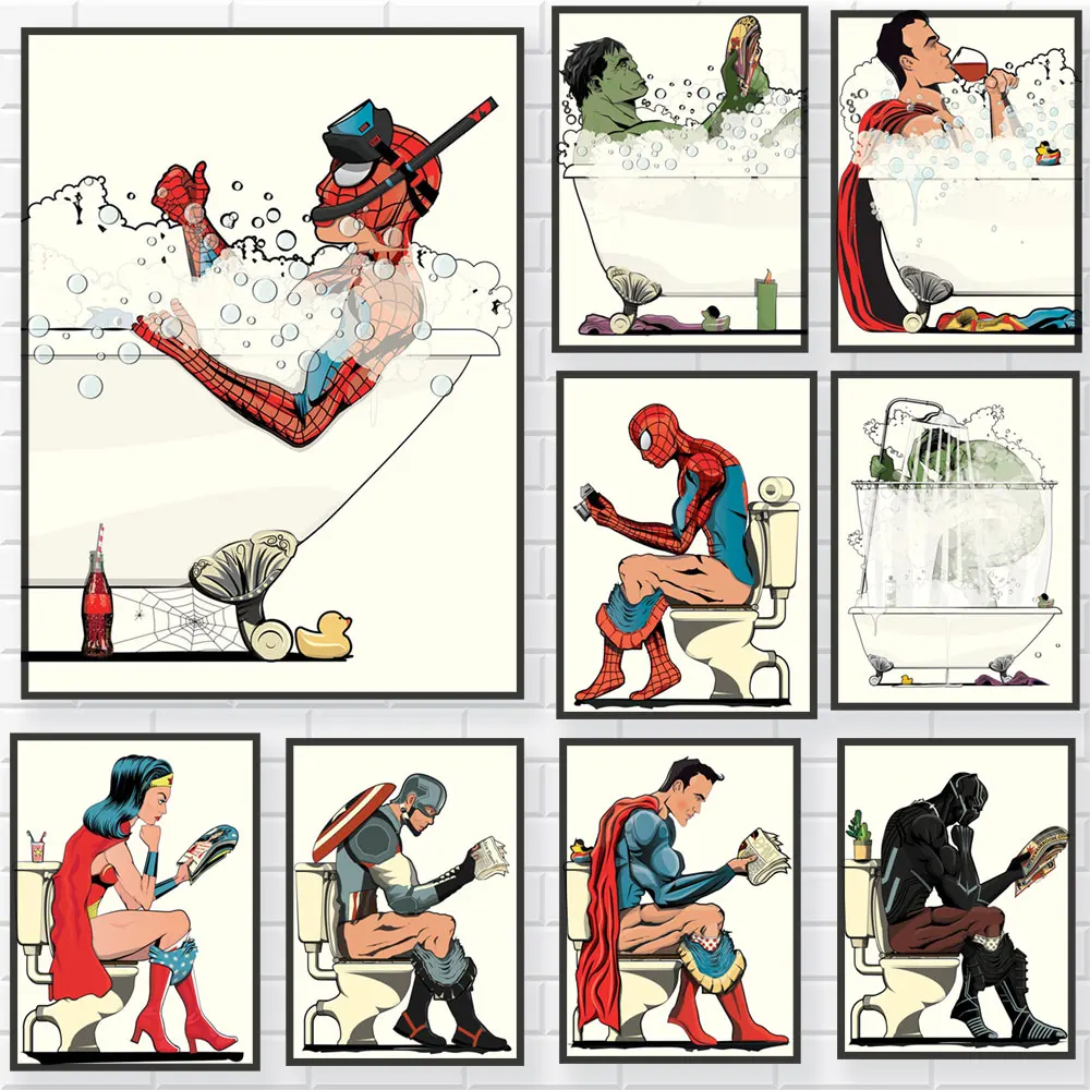 

Funny Marvel Heroes Captain America SpiderMan In Bathroom Toilet Printing On Canvas Wall Art Poster For Bathroom Kids Room Decor