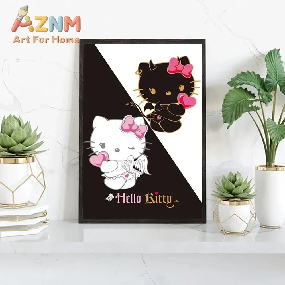 AZNM Hello Kitty Frameless Canvas Wall Art Poster, Cute Cartoon Pink Cat Canvas Print for Girls Bedroom Home Wall Decoration