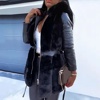 Image Faux Rabbit Fur Winter Coat Luxury Long Fur Hooded Coat Loose Lapel Overcoat Thermal Plush Tight Waist Women Coat Women Jackets