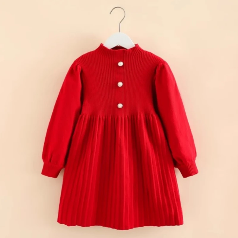 2023 Winter Warm 3 4 5 6 7 8 9 10 12 Years Children‘s Christmas New Year Birthday Princess Red Knitted Dress For Baby Kids Girls