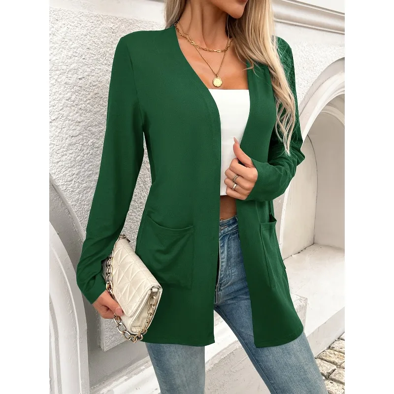 

Женское пальто больших размеров 2025 года, легкий осенний повседневный мягкий вязаный кардиган с длинными рукавами и открытой передней частью, свитера с карманами