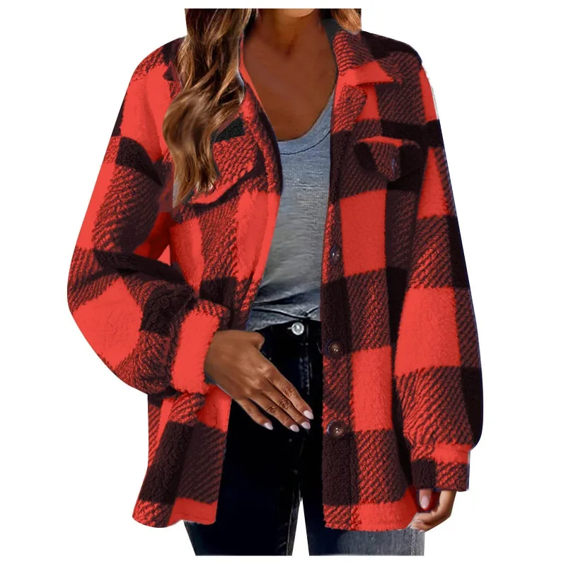 Autumn Winter Women Lamb Wool Jacket Chic Loose Casual Pockets Plaid Shirts Long Sleeve Coats Velvet Versatile Jacket New