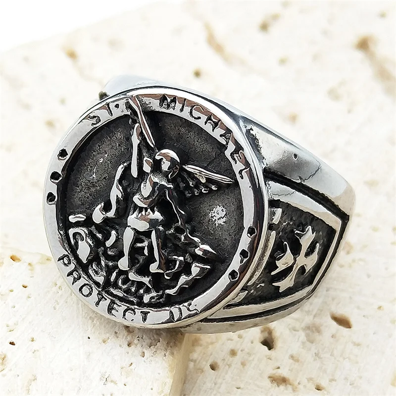 

SAINT MICHAEL PROTECT US Archangel Stainless Steel Rings for Women Men Silver Color Christian Finger Ring Amulet Jewelry Gift