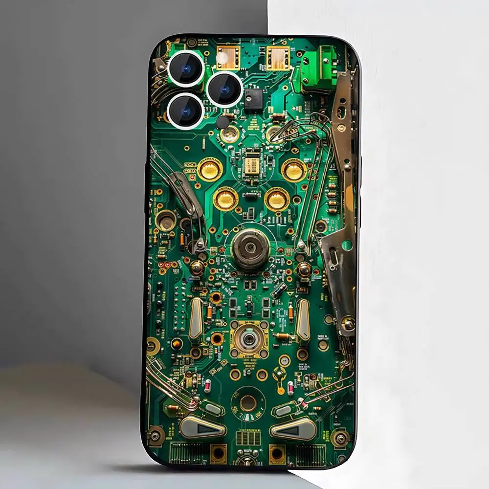 Circuit Board Phone Case For iPhone 17,16,15,14,13,12,11,Pro,XS,Max,XR,Plus,E,SE4,Mini Black Soft Cover