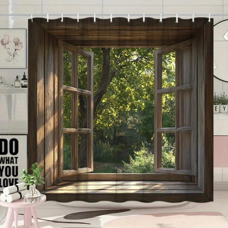 Rustic Wood Frame Shower Curtain Waterproof Bathroom Curtain Natural Window Style Shower Curtain Liner