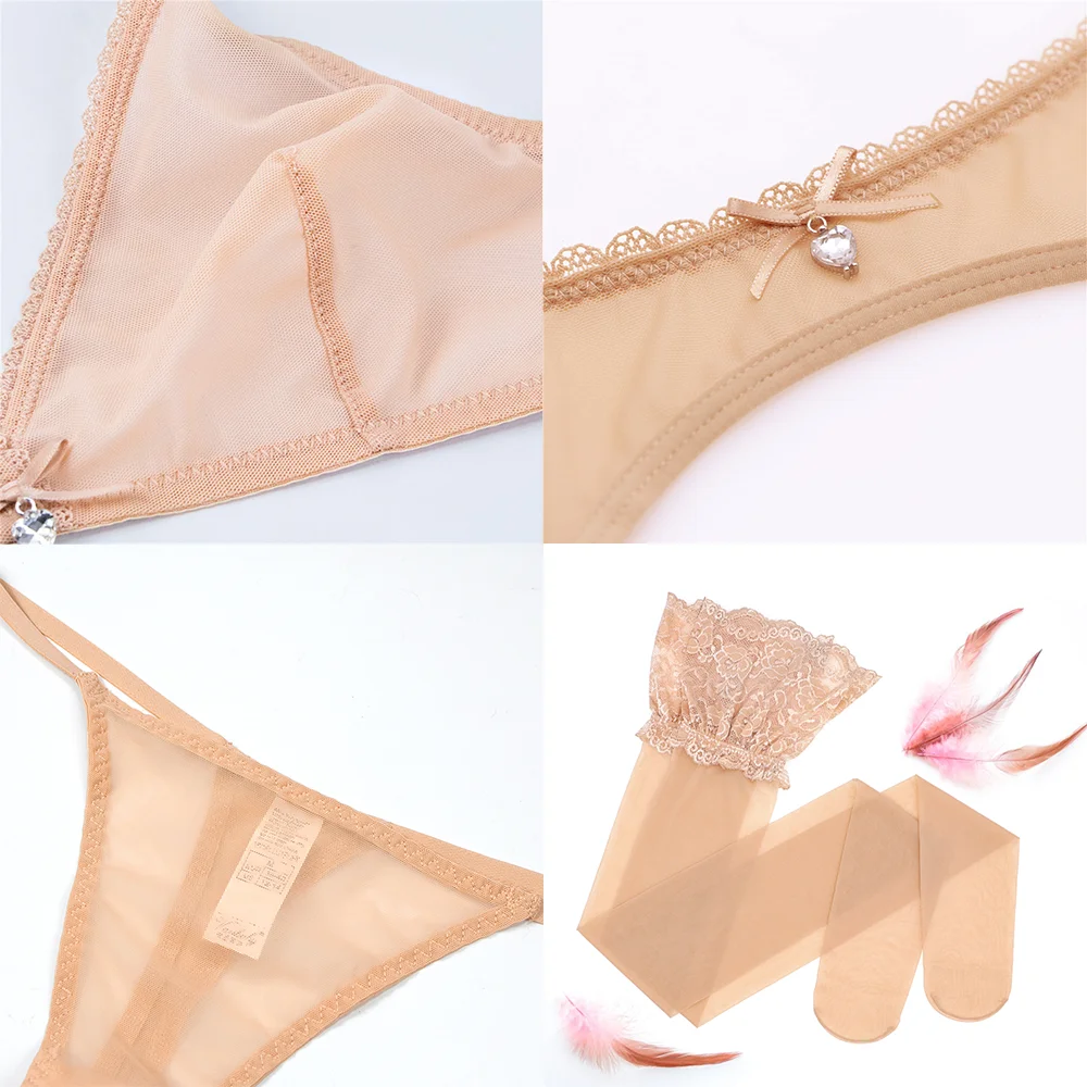 Sexy see through lingerie set bikini thong wire free bra larger size women underwear bra+garter+V-string+stcoking 4pcs/set