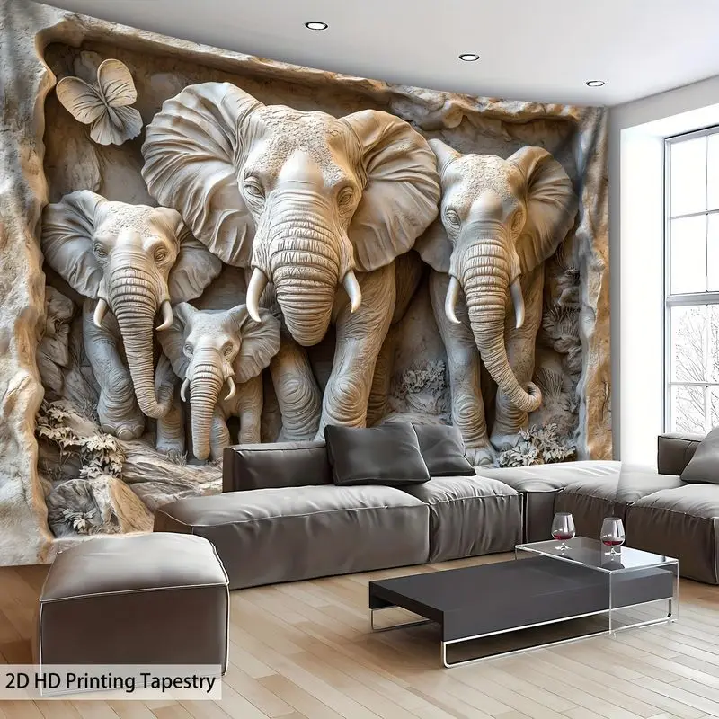 VIKAMA Elephant Family Tapestry Faux Stone Sculpture Wall Art Wildlife Animal Art for Living Space Bedroom Office Decor