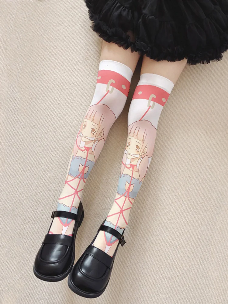 

Japanese Cartoon Girl Stockings 3D Printing Summer Thin Velvet Calf Socks Harajuku Fashion Character Plays Sweet Cute Pink