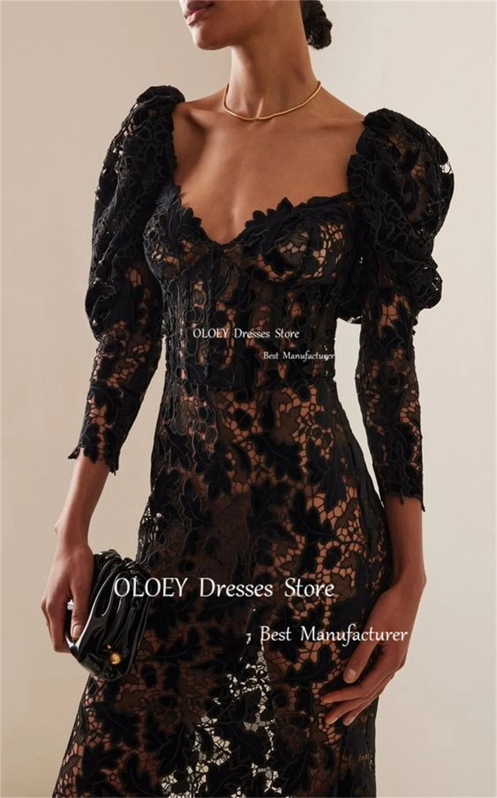 OLOEY Black Lace Straight Evening Dress Sweetheart Puff Sleeves Wedding Party Gown Mid-Calf Length Zipper Back Custom Made