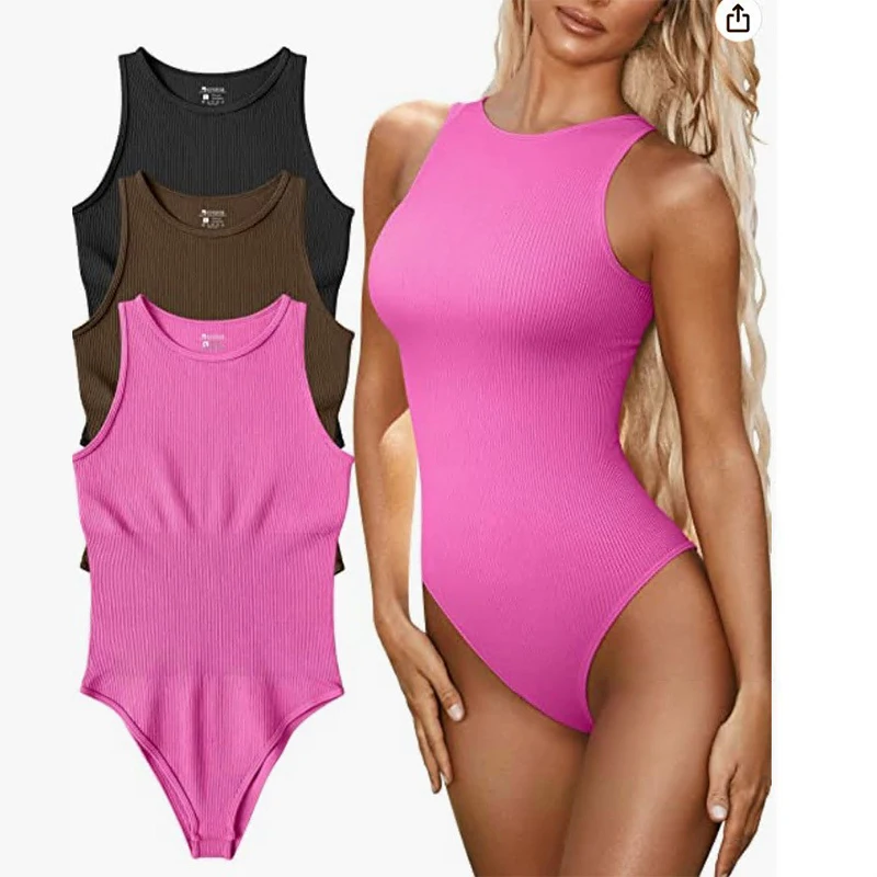 OMSJ Base Solid Sleeveless Tank Top Bodysuit For Women Summer Hot Girl Tight Sexy Casual Ribbed O Neck Romper Daily Clothes 2023