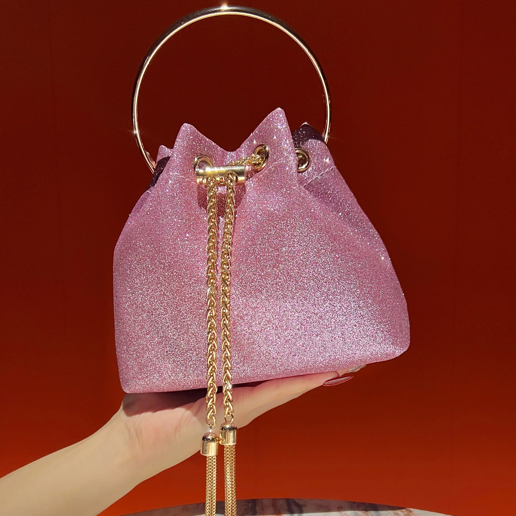 New women's high-end shiny handbag celebrity exquisite dinner bag French bucket bag light luxury chain women's bag