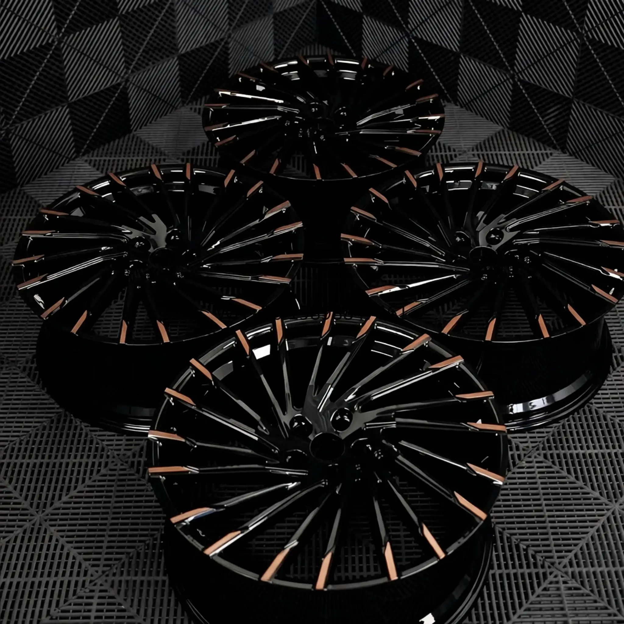Shiny Black Multi-Spoke Forged Wheels Decorative Gold Edge Styling Fit Most Mid and Full Size Luxury Sedan