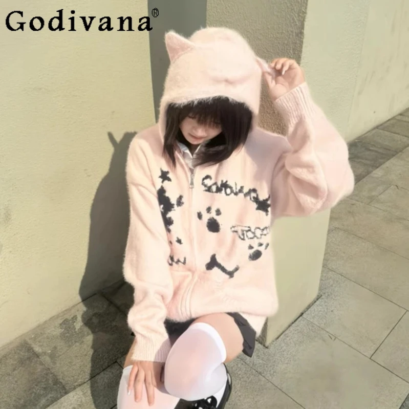 

Оригинальный Y2k Harajuku, готический женский вязаный кардиган, куртки на молнии с капюшоном, осень-зима, японские студенческие милые крутые свитера 2025