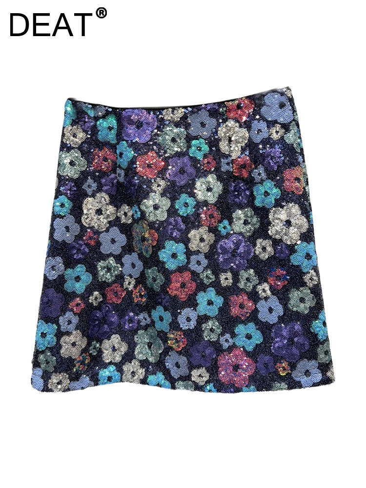 DEAT Women's Skirt Colorful Flowers Sequins A-line High Waist Wrap Hips Short Shiny Mini Skirt 2025 Spring New Fashion 29L8227