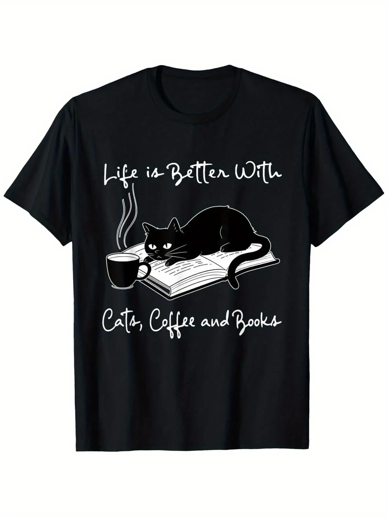 

Футболка Life Is Better with Cats, Coffee & Books Kawaii Anime Cat — 100% хлопок, вес 190 г ткани, повседневная праздничная футболка