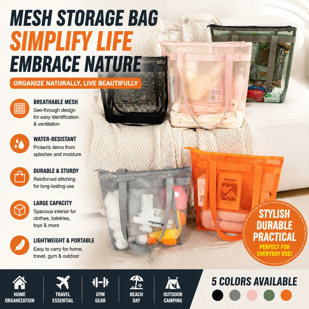 Travel beach bag storage bag, hand-held outdoor grooming and swimming bag, mesh storage bag, travel bag