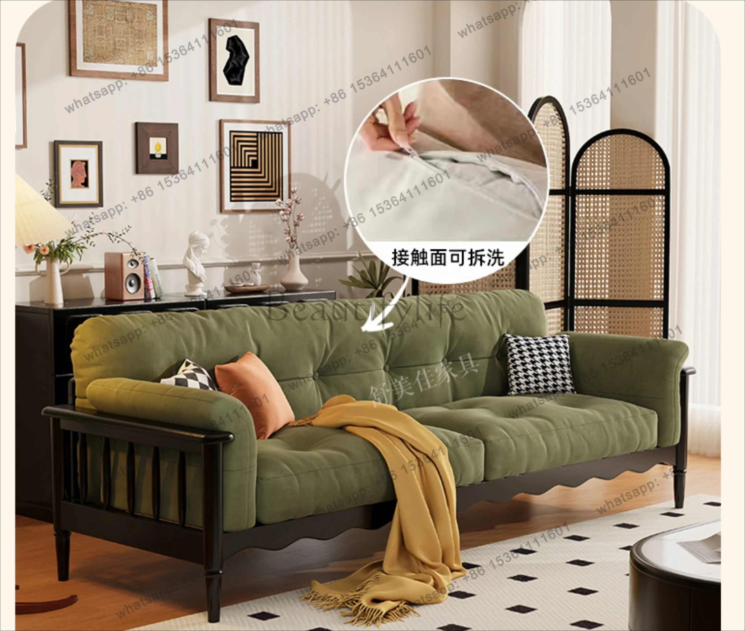 PG   Solid Wood Sofa for Living Room Small Apartment Mid-century Style Straight Three-seater French Retro Cloud Fabric Sofa