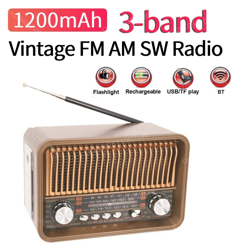 Vintage FM AM SW 3-band Radio with BT Speaker Emergancy LED Flashlight Support TF Card 1200mAh Battery for Indoor Outdoor Gifts