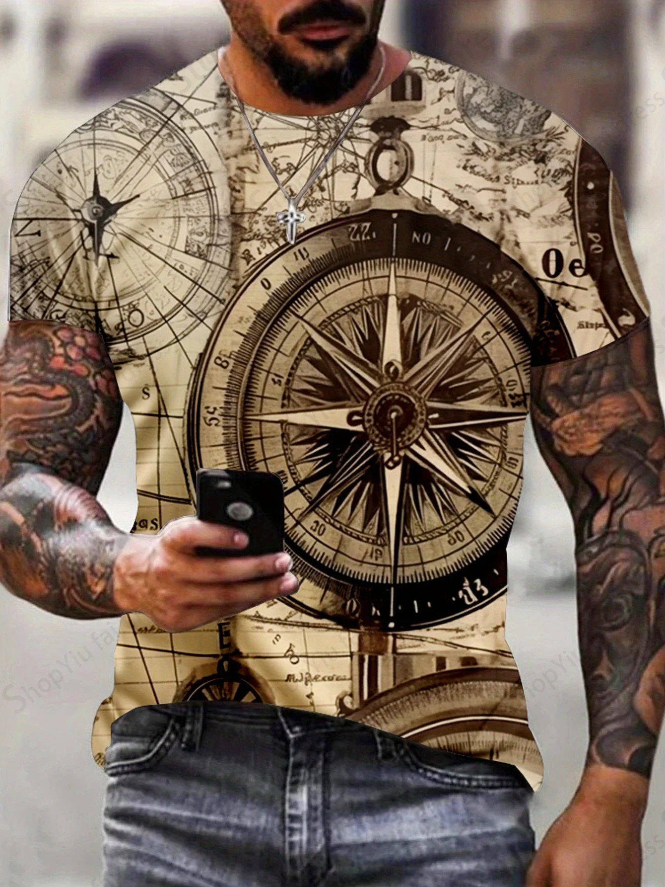 Men's T-Shirt 3D Vintage Compass Pattern 3D Print T-Shirts Men Women Fashion T Shirt Hip Hop Tops Tees Outdoors Clothes Male