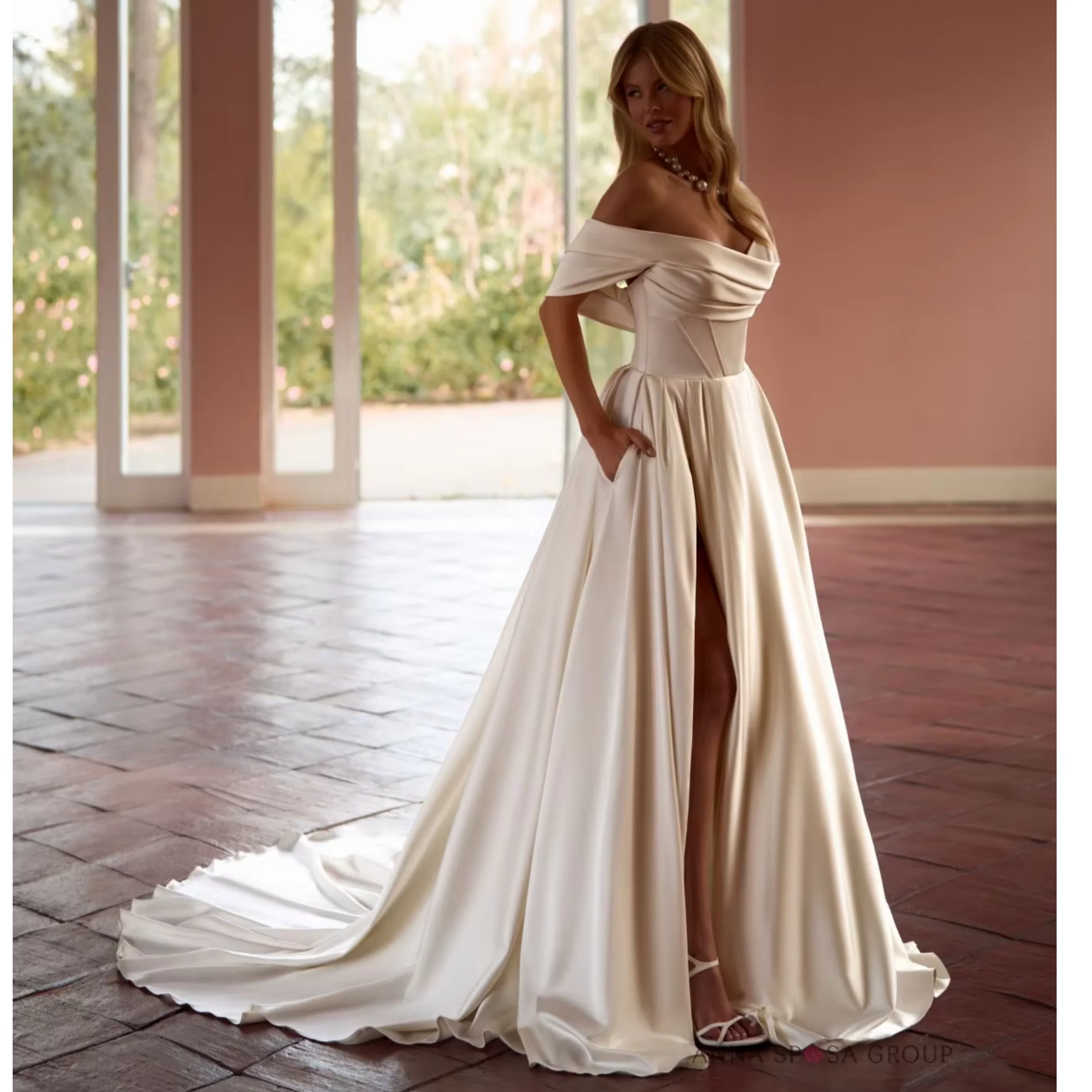 Iovry-vestido De Novia con hombros descubiertos para mujer, Vestidos De Novia con pliegues y abertura larga, Vestidos Elegantes personalizados