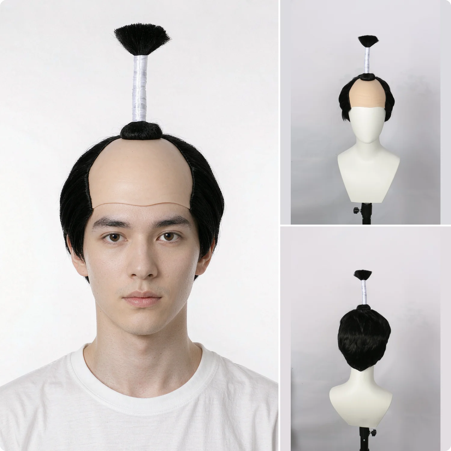 Black Samurai Bald Wig with Top Braid and Tassel for Halloween Cosplay