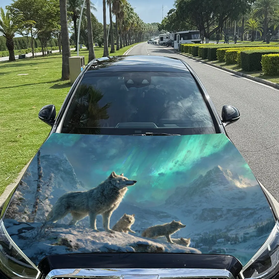 Magnificent Aurora Wolf Family Print car hood stickers, waterproof self-adhesive, scratch resistant, easy to stick, durable car