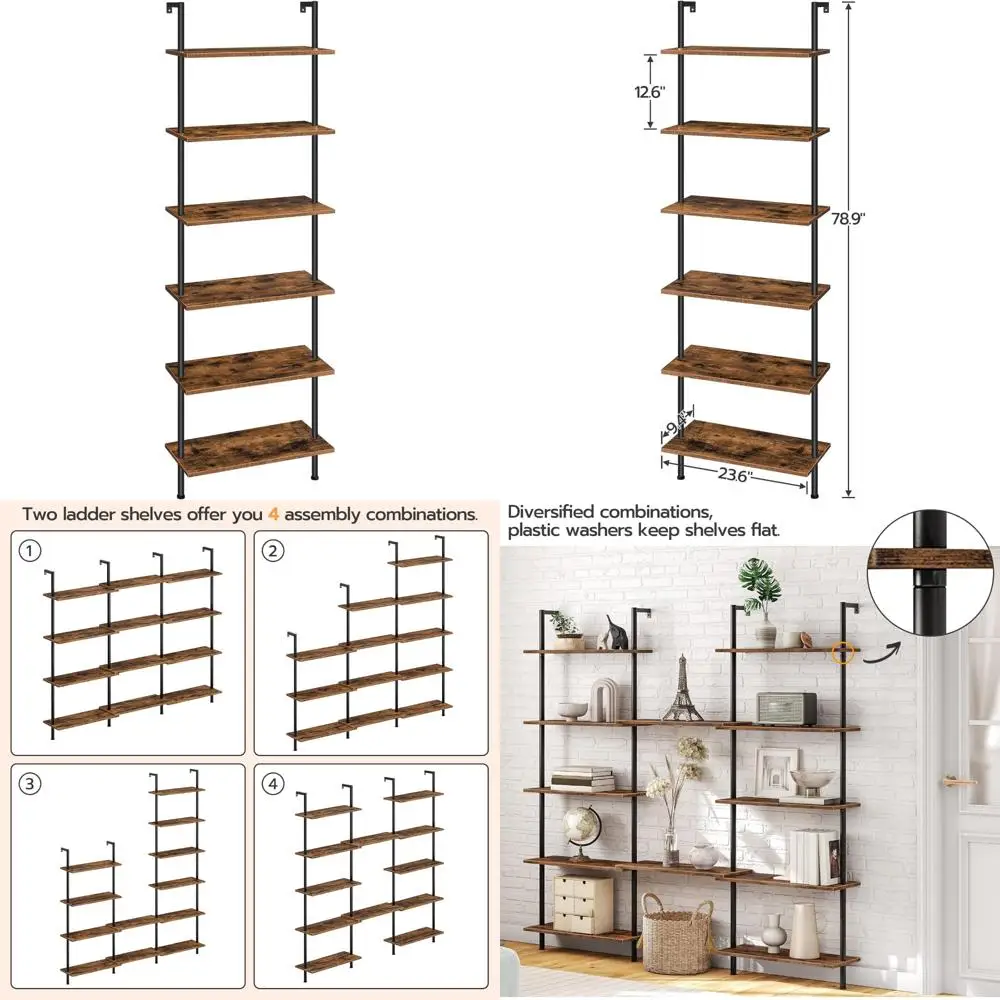 

Полка-лестница HOOBRO DIY, 6-уровневая настенная книжная полка, офисный вертикальный книжный шкаф, деревянные полки для хранения для домашнего офиса, спальни