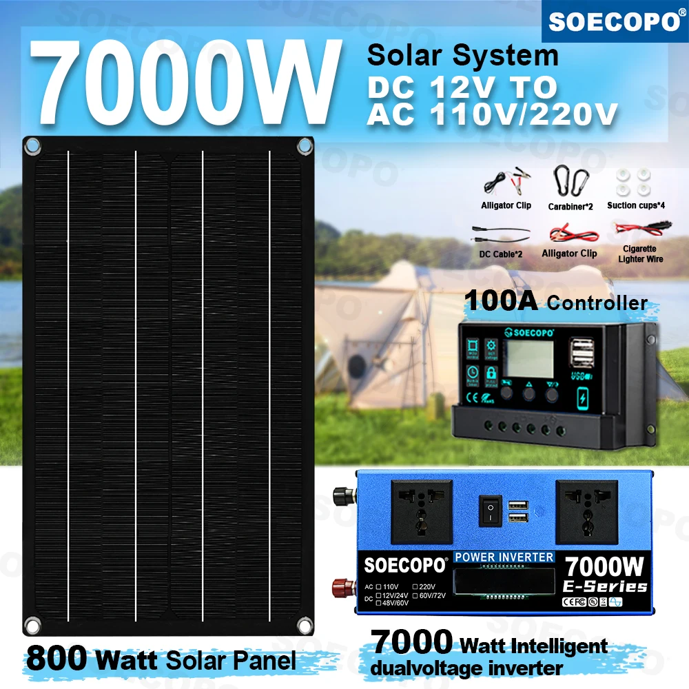 

7000W Solar Power Kit 800W Panel+Inverter 12V/24V-110V/220V 100A Controller for Home/Camping/RV Backup System, Off-Grid Energy