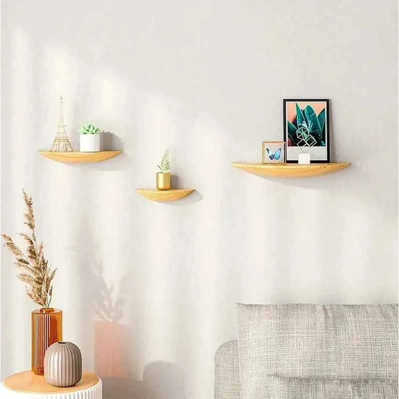 Nordic Wall Mounted Semi-Circle Wood Shelf, Floating Shelf for Living Room Decor, Storage Organizer, Background Wall Display, Mo