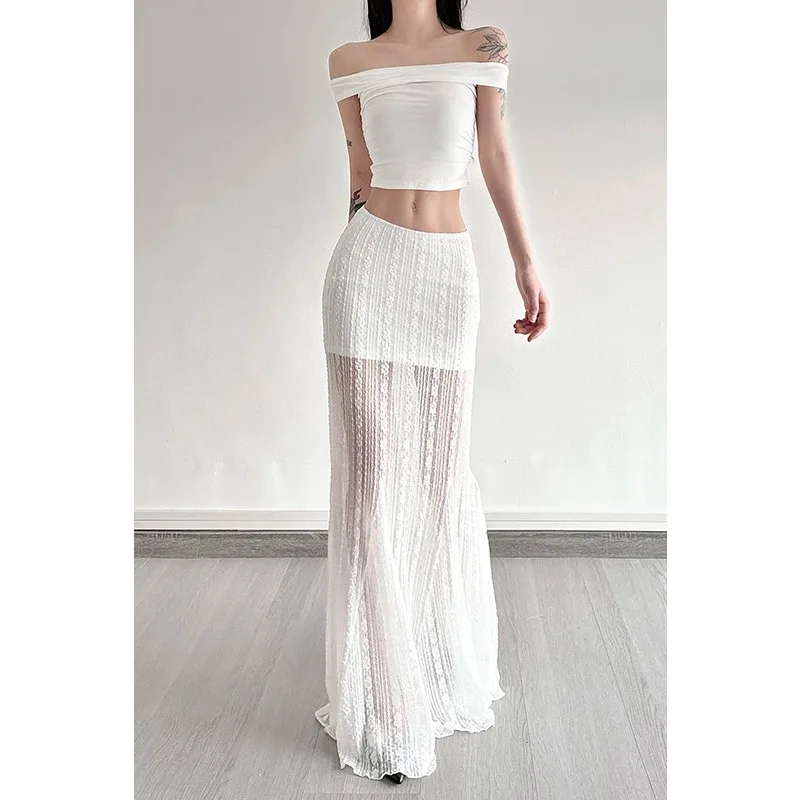 Womens White Lace Sheer Maxi Skirt and Off Shoulder Crop Top Two Piece Set