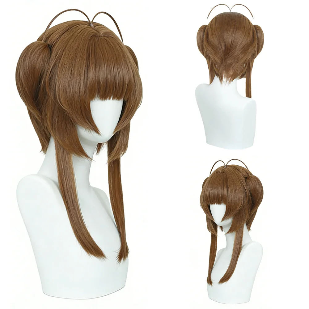 Pre-styled Cardcaptor Sakura Cosplay Wig Light Brown Detachable Bun With Bangs Heat Resistant Fiber For Anime Costume Party