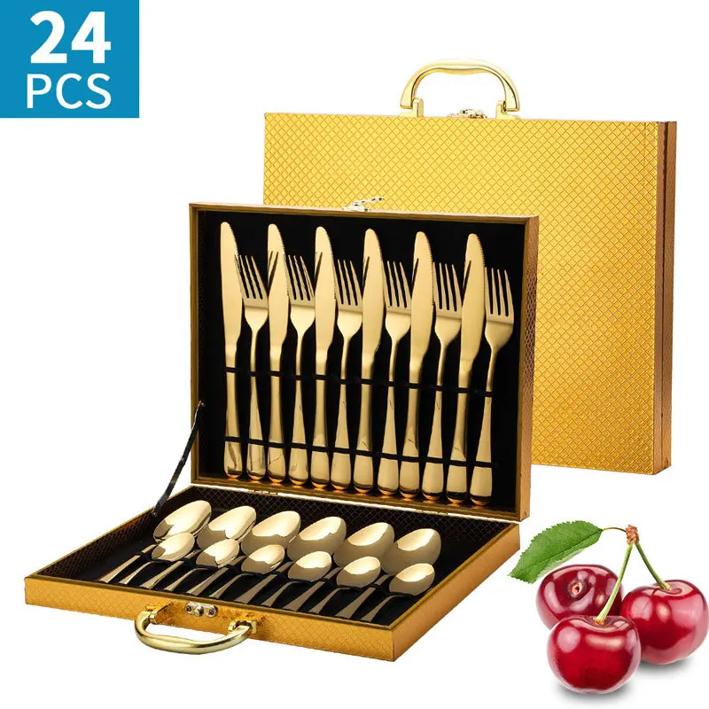 

24Pcs Golden Cutlery Set Stainless Steel Dinnerware Set Flatware Set Knife Fork Spoon Silverware Kitchen Tableware Dropshiping