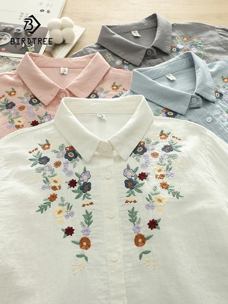 

New 2026 Spring Women Cotton Yarn Long Sleeve Shirt, Turn-down Collar Embroidery, Mori Girl Vintage Casual Loose Blouse T62526CC