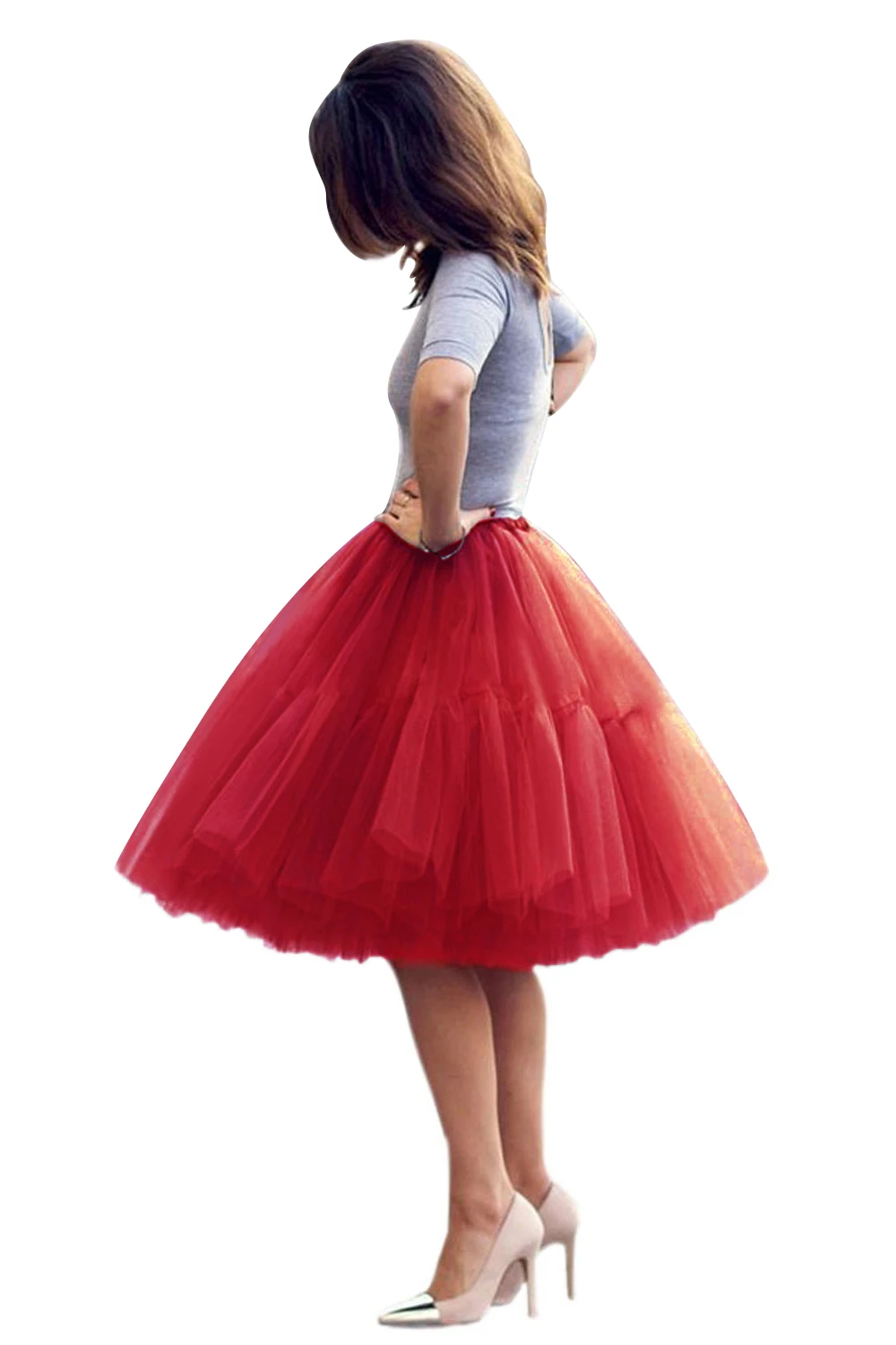 Fashion Red Multi-Layers Tulle Skirts Women Elastic Waist Puffy Knee Length Tutu Petticoat Lolita Cosplay Underskirt Jupons