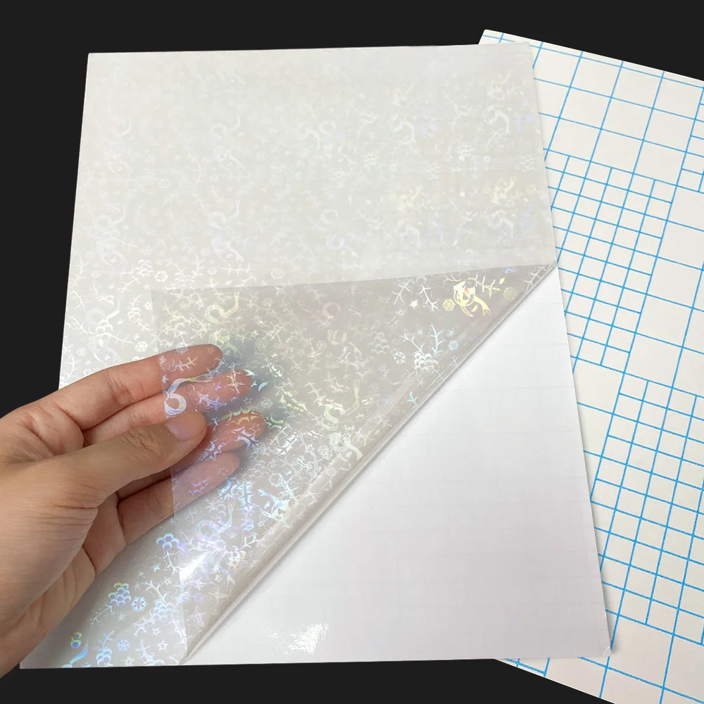 10 Sheets Half Transparent Holographic Cold Laminating Film on Paper Adhesive Sticker Film A4 Holographic Sand Foil Tape Back