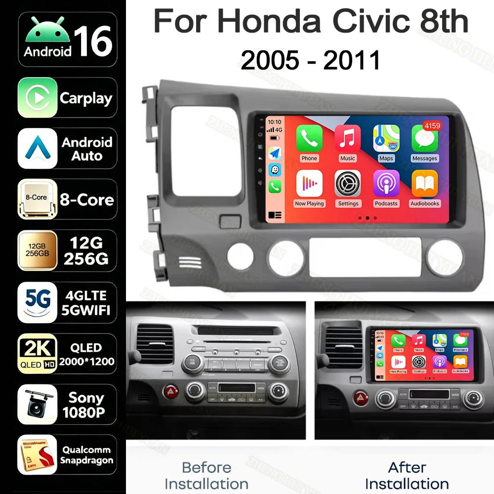 Android 16 Car Radio Carplay Auto For Honda Civic 8th 2005 2006 - 2011 Audio Head Unit Stereo Dash Fitting Panel Kit Video 2 DIN