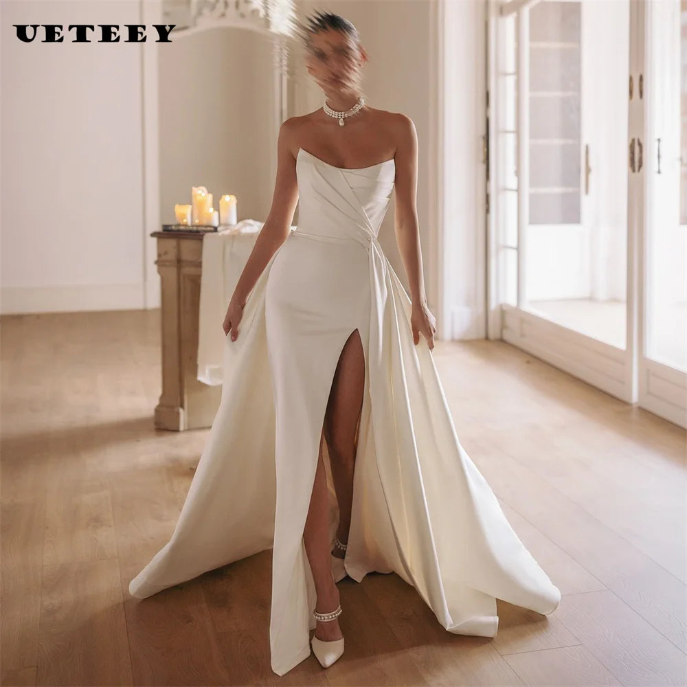 

UETEEY Customized Simple High Slit Sleeveless Elegant Mermaid Wedding Dress Satin Zipper Back Detachable Court Train Bridal Gown