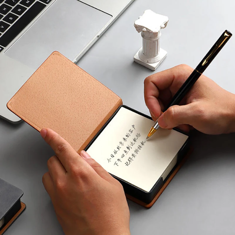 Sticky Note Box With Notepads PU Leather Memo Pad Dispenser Desktop Supplies For Students Office Worker PU 3D sticky note box
