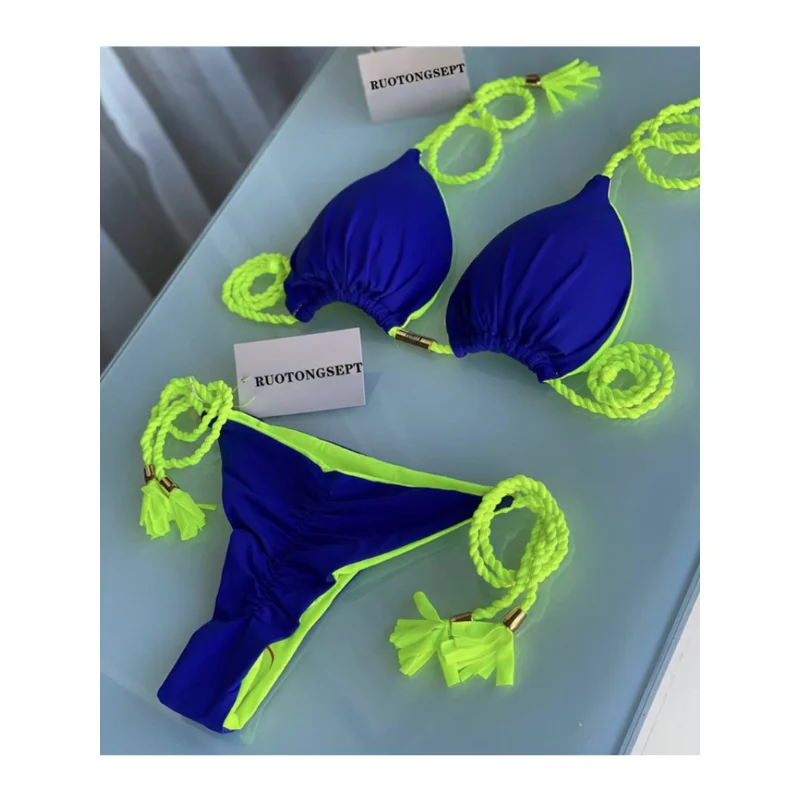 Kobiety Seksowne Bikini Stringi Bandaż Strój Kąpielowy Push Up Bikini Zestaw Różowy Halter Strój Kąpielowy Damski Letni Strój Plażowy 2-częściowy Strój Kąpielowy