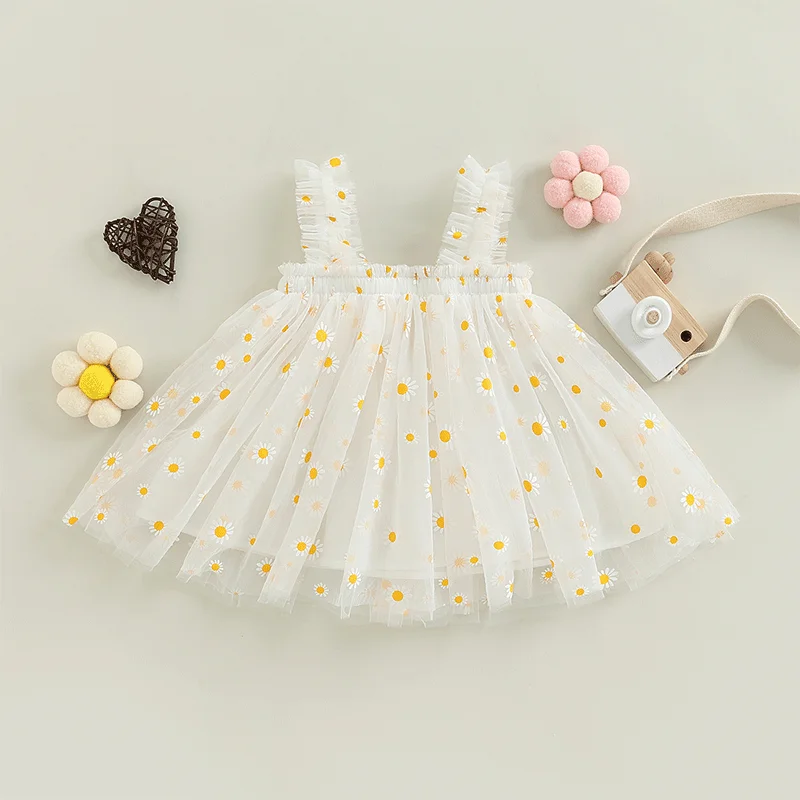 Toddler Baby Girls Summer Sling Dress Sleeveless Daisy Print Sundress Tulle Princess A- Line Dress For Kids Birthday Party Dress