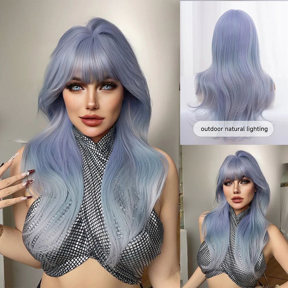 

24Inch Purple Blue Ombre Mermaid Style Synthetic Wigs with Bangs Long Natural Wavy Hair Wig For Women Daily Use Heat Resistant